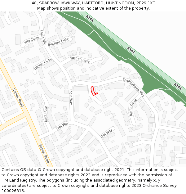 48, SPARROWHAWK WAY, HARTFORD, HUNTINGDON, PE29 1XE: Location map and indicative extent of plot