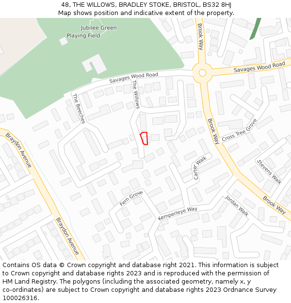 48, THE WILLOWS, BRADLEY STOKE, BRISTOL, BS32 8HJ: Location map and indicative extent of plot