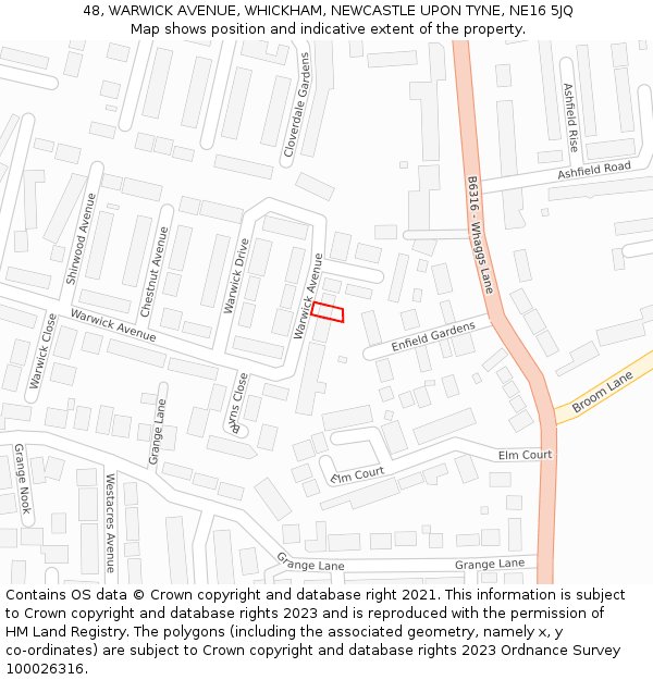 48, WARWICK AVENUE, WHICKHAM, NEWCASTLE UPON TYNE, NE16 5JQ: Location map and indicative extent of plot