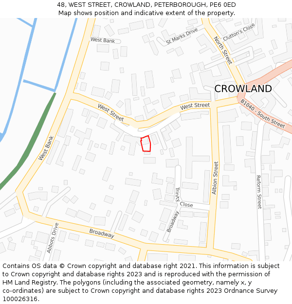 48, WEST STREET, CROWLAND, PETERBOROUGH, PE6 0ED: Location map and indicative extent of plot