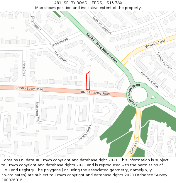 481, SELBY ROAD, LEEDS, LS15 7AX: Location map and indicative extent of plot