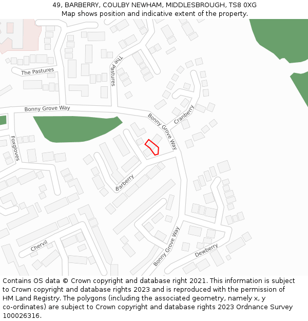 49, BARBERRY, COULBY NEWHAM, MIDDLESBROUGH, TS8 0XG: Location map and indicative extent of plot