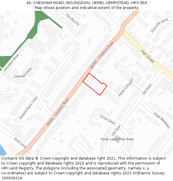 49, CHESHAM ROAD, BOVINGDON, HEMEL HEMPSTEAD, HP3 0EA: Location map and indicative extent of plot