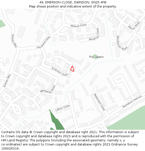 49, EMERSON CLOSE, SWINDON, SN25 4FB: Location map and indicative extent of plot