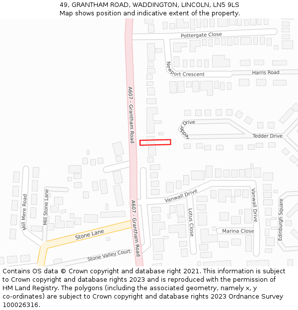 49, GRANTHAM ROAD, WADDINGTON, LINCOLN, LN5 9LS: Location map and indicative extent of plot