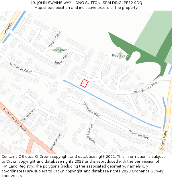 49, JOHN SWAINS WAY, LONG SUTTON, SPALDING, PE12 9DQ: Location map and indicative extent of plot