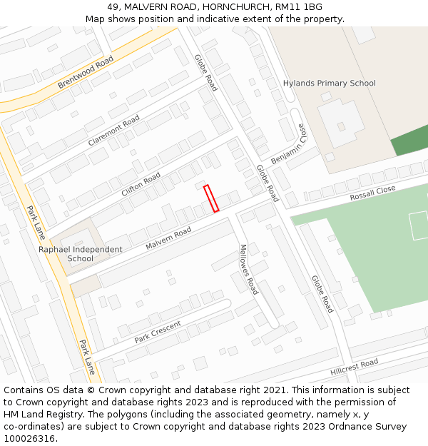 49, MALVERN ROAD, HORNCHURCH, RM11 1BG: Location map and indicative extent of plot