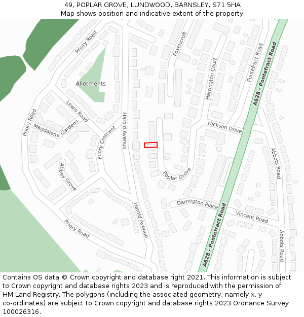 49, POPLAR GROVE, LUNDWOOD, BARNSLEY, S71 5HA: Location map and indicative extent of plot