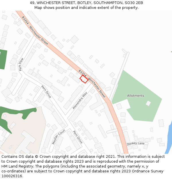 49, WINCHESTER STREET, BOTLEY, SOUTHAMPTON, SO30 2EB: Location map and indicative extent of plot