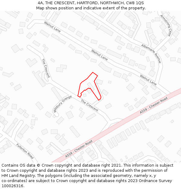 4A, THE CRESCENT, HARTFORD, NORTHWICH, CW8 1QS: Location map and indicative extent of plot