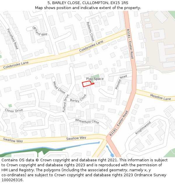 5, BARLEY CLOSE, CULLOMPTON, EX15 1RS: Location map and indicative extent of plot