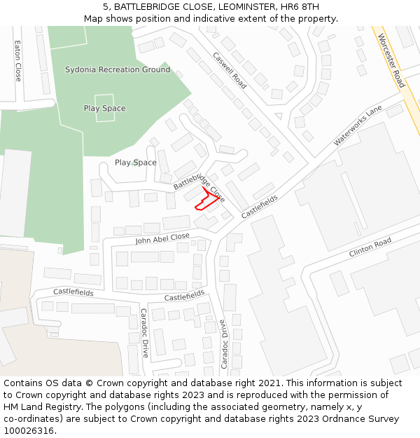 5, BATTLEBRIDGE CLOSE, LEOMINSTER, HR6 8TH: Location map and indicative extent of plot