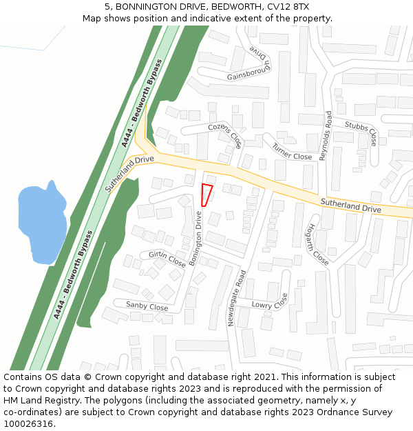 5, BONNINGTON DRIVE, BEDWORTH, CV12 8TX: Location map and indicative extent of plot