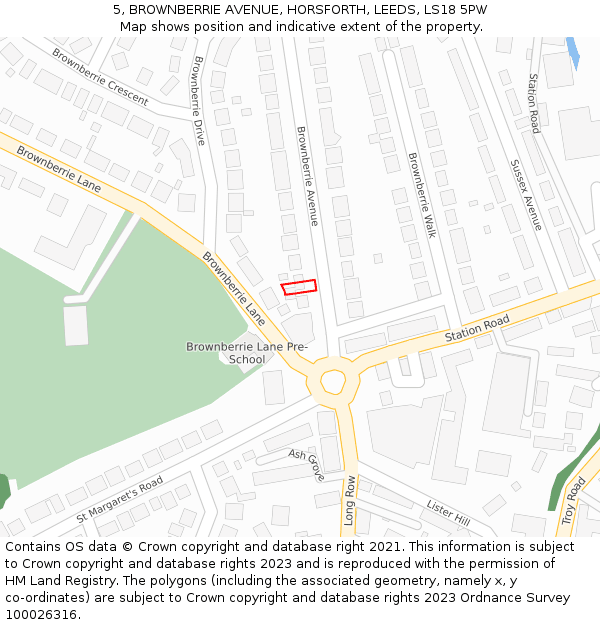 5, BROWNBERRIE AVENUE, HORSFORTH, LEEDS, LS18 5PW: Location map and indicative extent of plot