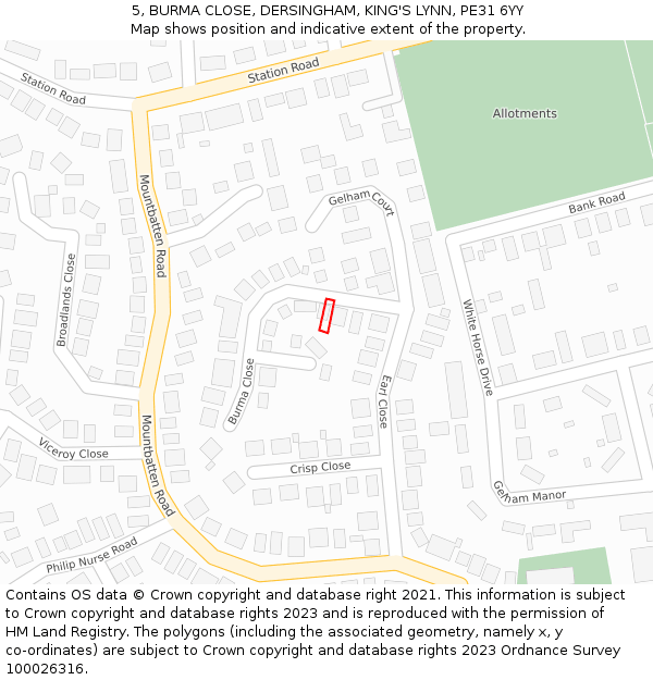 5, BURMA CLOSE, DERSINGHAM, KING'S LYNN, PE31 6YY: Location map and indicative extent of plot