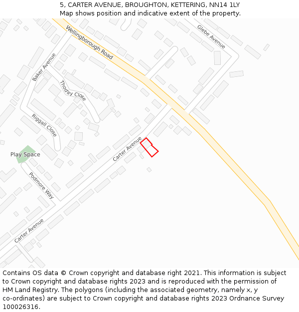 5, CARTER AVENUE, BROUGHTON, KETTERING, NN14 1LY: Location map and indicative extent of plot