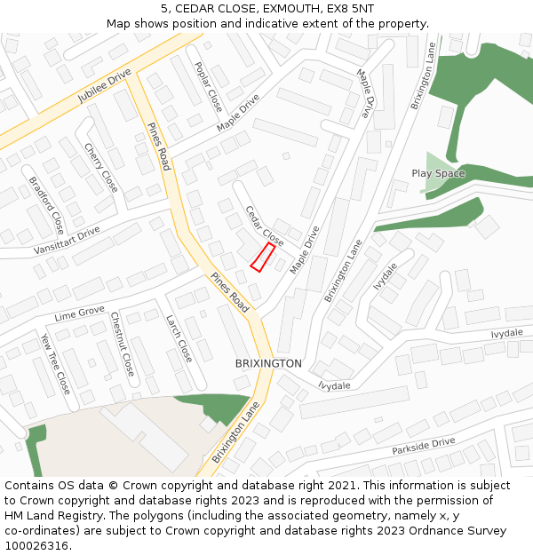 5, CEDAR CLOSE, EXMOUTH, EX8 5NT: Location map and indicative extent of plot