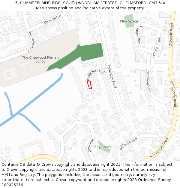 5, CHAMBERLAINS RIDE, SOUTH WOODHAM FERRERS, CHELMSFORD, CM3 5LX: Location map and indicative extent of plot