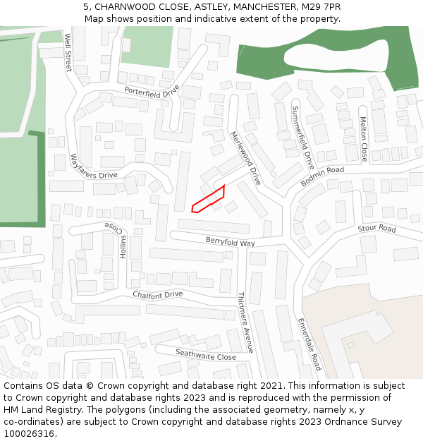 5, CHARNWOOD CLOSE, ASTLEY, MANCHESTER, M29 7PR: Location map and indicative extent of plot