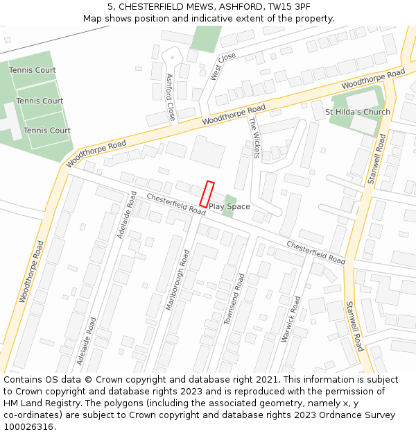 5, CHESTERFIELD MEWS, ASHFORD, TW15 3PF: Location map and indicative extent of plot