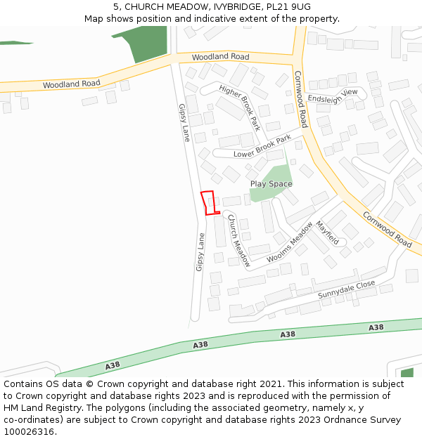 5, CHURCH MEADOW, IVYBRIDGE, PL21 9UG: Location map and indicative extent of plot