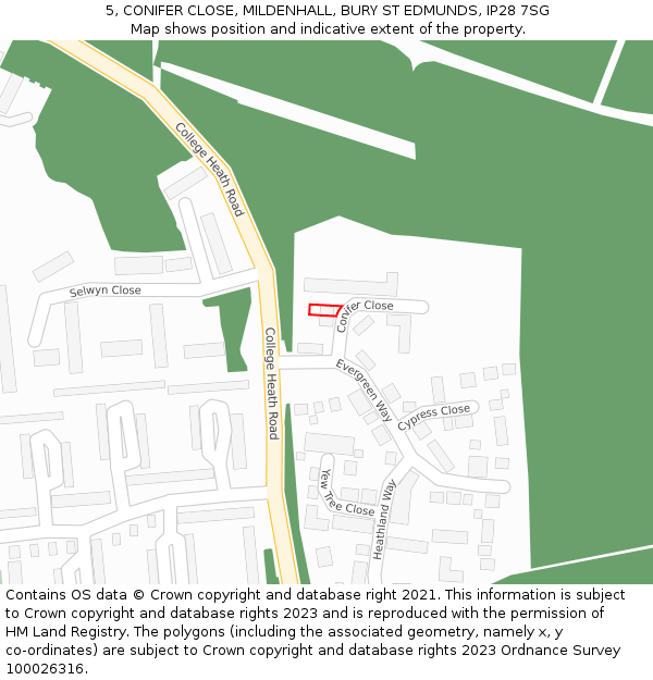 5, CONIFER CLOSE, MILDENHALL, BURY ST EDMUNDS, IP28 7SG: Location map and indicative extent of plot