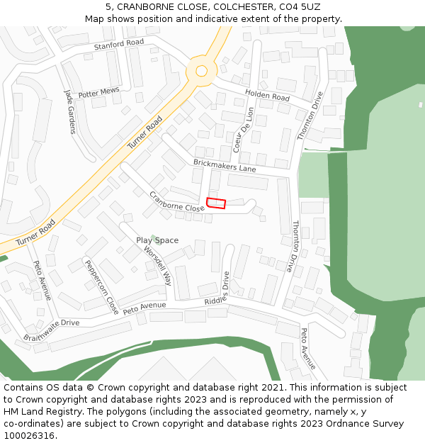 5, CRANBORNE CLOSE, COLCHESTER, CO4 5UZ: Location map and indicative extent of plot