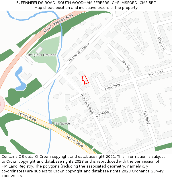 5, FENNFIELDS ROAD, SOUTH WOODHAM FERRERS, CHELMSFORD, CM3 5RZ: Location map and indicative extent of plot