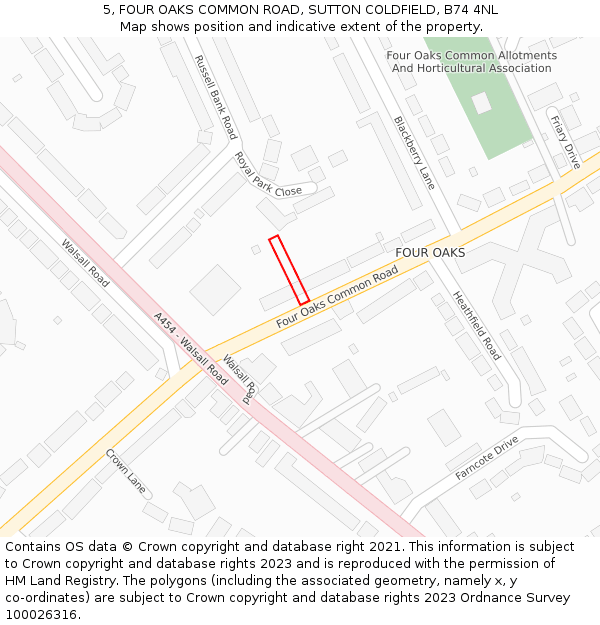 5, FOUR OAKS COMMON ROAD, SUTTON COLDFIELD, B74 4NL: Location map and indicative extent of plot