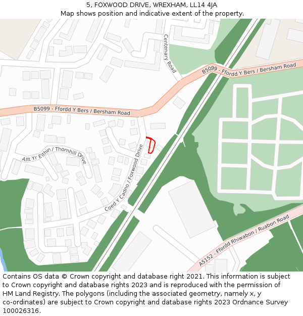 5, FOXWOOD DRIVE, WREXHAM, LL14 4JA: Location map and indicative extent of plot