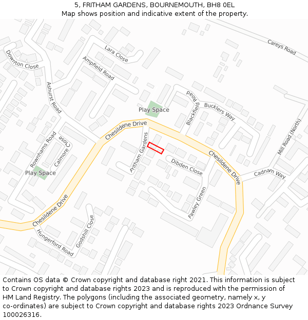 5, FRITHAM GARDENS, BOURNEMOUTH, BH8 0EL: Location map and indicative extent of plot