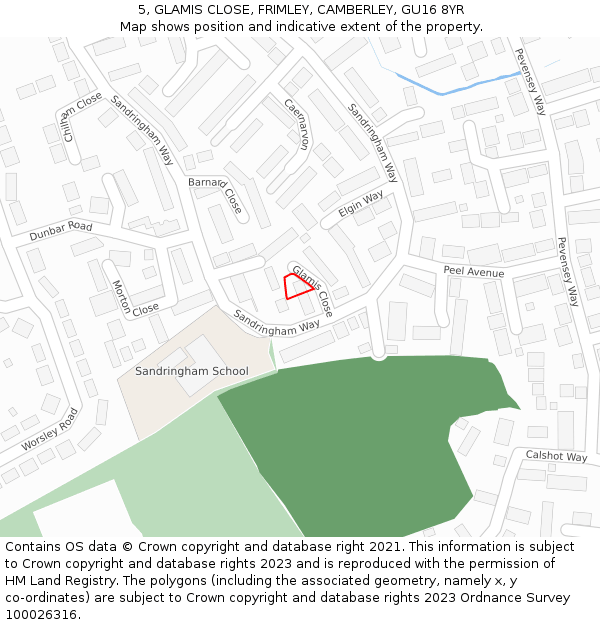 5, GLAMIS CLOSE, FRIMLEY, CAMBERLEY, GU16 8YR: Location map and indicative extent of plot