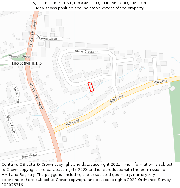 5, GLEBE CRESCENT, BROOMFIELD, CHELMSFORD, CM1 7BH: Location map and indicative extent of plot