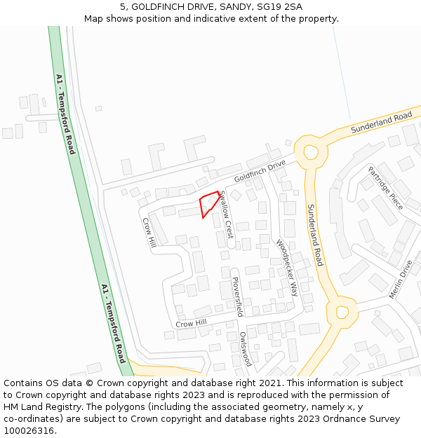 5, GOLDFINCH DRIVE, SANDY, SG19 2SA: Location map and indicative extent of plot