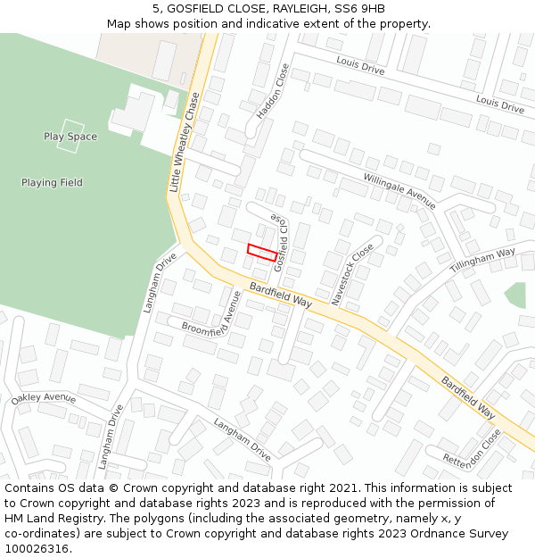 5, GOSFIELD CLOSE, RAYLEIGH, SS6 9HB: Location map and indicative extent of plot