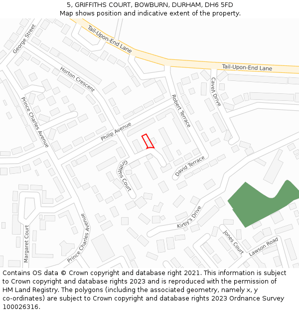 5, GRIFFITHS COURT, BOWBURN, DURHAM, DH6 5FD: Location map and indicative extent of plot