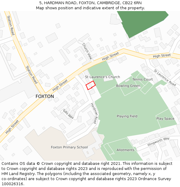 5, HARDMAN ROAD, FOXTON, CAMBRIDGE, CB22 6RN: Location map and indicative extent of plot