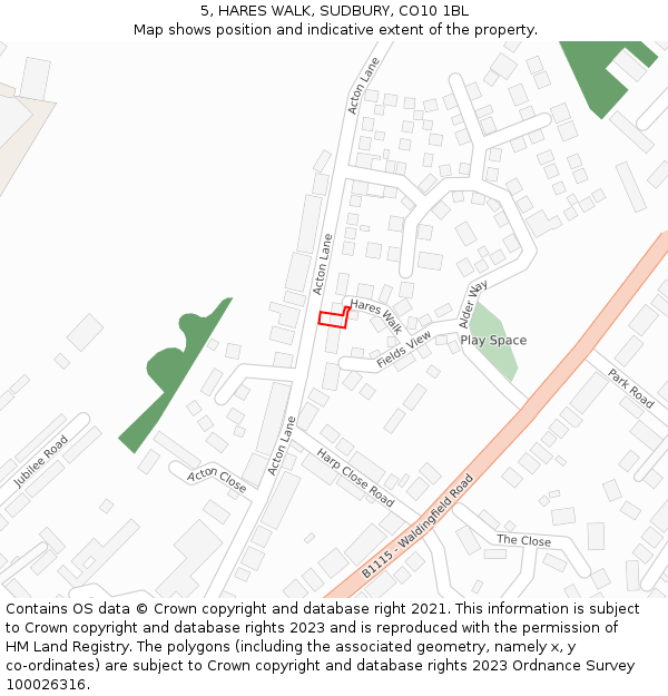 5, HARES WALK, SUDBURY, CO10 1BL: Location map and indicative extent of plot