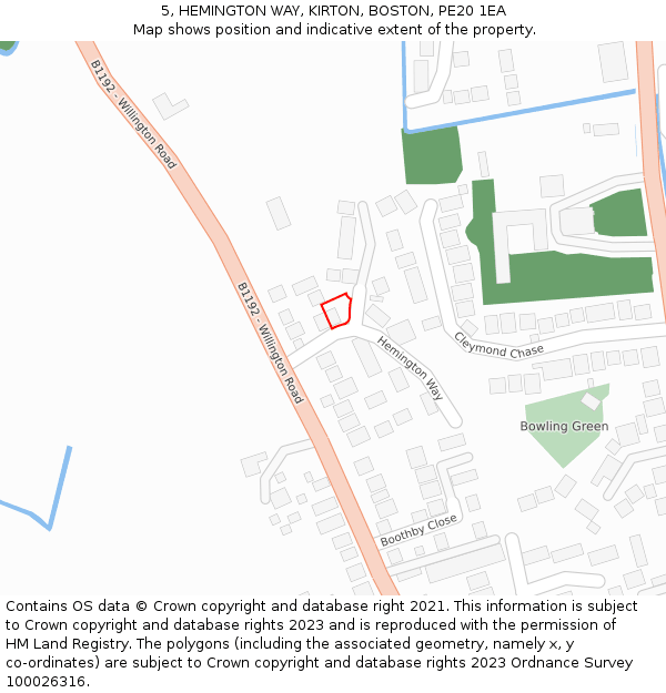 5, HEMINGTON WAY, KIRTON, BOSTON, PE20 1EA: Location map and indicative extent of plot