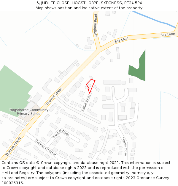 5, JUBILEE CLOSE, HOGSTHORPE, SKEGNESS, PE24 5PX: Location map and indicative extent of plot