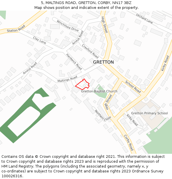 5, MALTINGS ROAD, GRETTON, CORBY, NN17 3BZ: Location map and indicative extent of plot