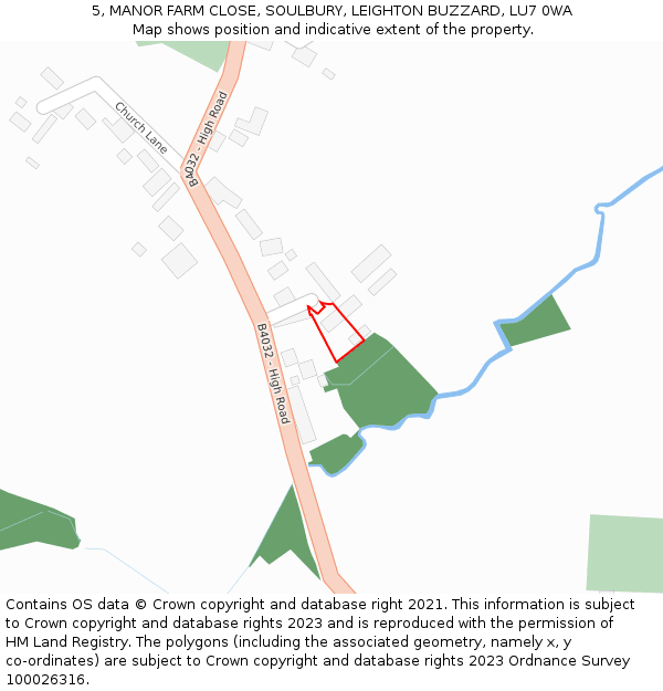 5, MANOR FARM CLOSE, SOULBURY, LEIGHTON BUZZARD, LU7 0WA: Location map and indicative extent of plot