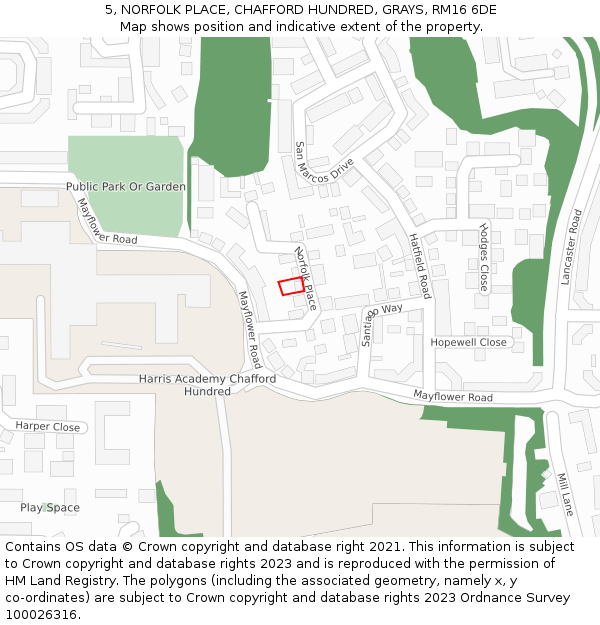 5, NORFOLK PLACE, CHAFFORD HUNDRED, GRAYS, RM16 6DE: Location map and indicative extent of plot