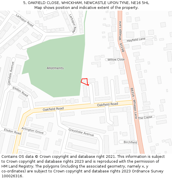 5, OAKFIELD CLOSE, WHICKHAM, NEWCASTLE UPON TYNE, NE16 5HL: Location map and indicative extent of plot