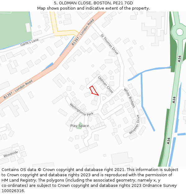 5, OLDMAN CLOSE, BOSTON, PE21 7GD: Location map and indicative extent of plot