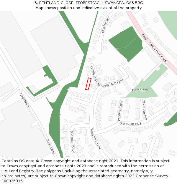 5, PENTLAND CLOSE, FFORESTFACH, SWANSEA, SA5 5BG: Location map and indicative extent of plot