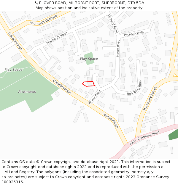 5, PLOVER ROAD, MILBORNE PORT, SHERBORNE, DT9 5DA: Location map and indicative extent of plot