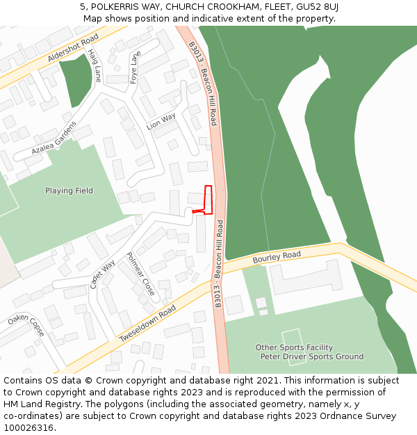 5, POLKERRIS WAY, CHURCH CROOKHAM, FLEET, GU52 8UJ: Location map and indicative extent of plot