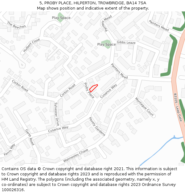 5, PROBY PLACE, HILPERTON, TROWBRIDGE, BA14 7SA: Location map and indicative extent of plot