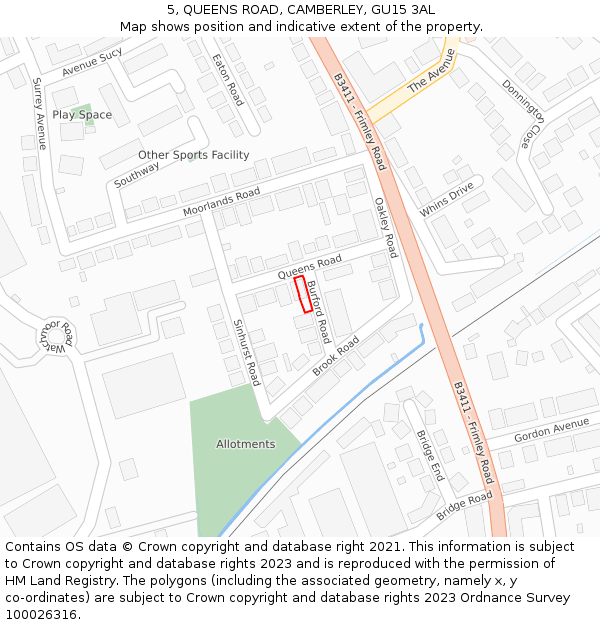 5, QUEENS ROAD, CAMBERLEY, GU15 3AL: Location map and indicative extent of plot